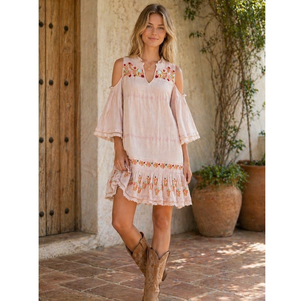Allison New York Embroidered Cold Shoulder Mini Dress Mauve Gauze Boho Womens M